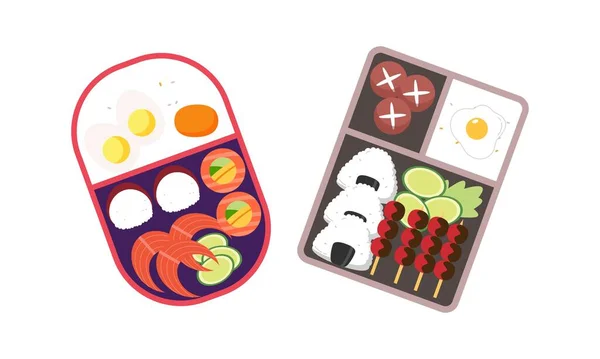 Logo Caja Bento Comedor Japonés Varios Comida Asiática Tradicional Estilo — Vector de stock
