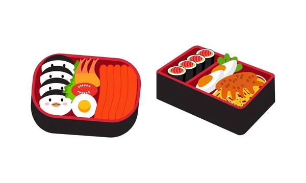 Logo Pudełka Bento Japońskie Pudełko Lunch Różne Tradycyjne Azjatyckie Jedzenie — Wektor stockowy