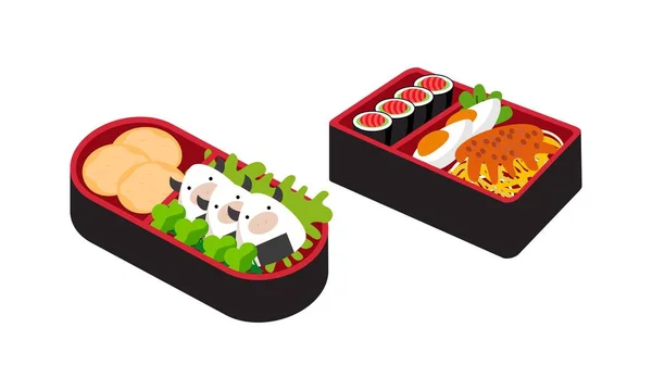 Bento Kutusu Logosu Japon Beslenme Çantası Çeşitli Geleneksel Asya Yemek — Stok Vektör
