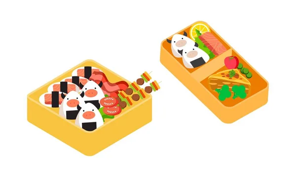 Bento Box Logo Japanse Broodtrommel Diverse Traditionele Aziatische Voedsel Cartoon — Stockvector