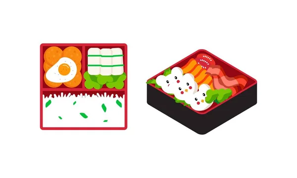 Logo Kotak Bento Kotak Makan Siang Jepang Berbagai Gaya Kartun - Stok Vektor
