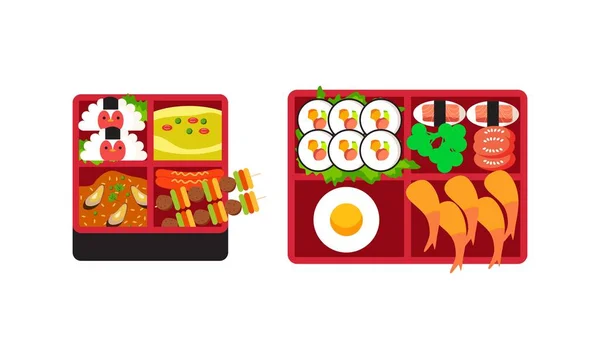 Logo Krabice Bento Japonská Krabice Oběd Různé Tradiční Asijské Jídlo — Stockový vektor