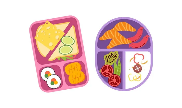 Parlak Içerikli Beslenme Çantaları Öğle Yemeği Konsepti — Stok Vektör