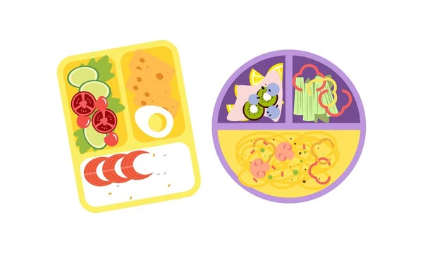 有明亮内容的午餐盒 午餐概念 — 图库矢量图片