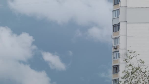 Soviet Tenement House Moving Cloudy Sky Birds — Stockvideo