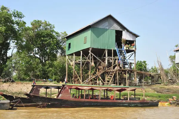 Siem Reap Angkor Wat Kamboçya 'da yeşil çatılı bir evin yanına bir tekne yanaştı. Ev ağaçlarla çevrili ve bir sürü yeşilliği var.