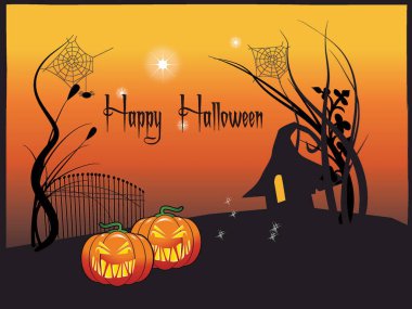 İçinde iki balkabağı ve bir ev olan bir Cadılar Bayramı tabelası. Manzara ürkütücü ve şenliktir. Posterde kalın harflerle 