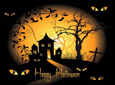 Cadılar Bayramı temalı bir poster, bir ev, bir ağaç ve bir haç. Posterde 