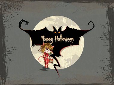 Elinde balkabağı olan kırmızı kostümlü bir kız ayın önünde duruyor. Arka planda bir yarasa var ve kırmızı ile 