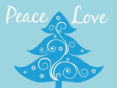 Beyaz yıldızlı mavi bir Noel ağacı ve barış mesajı. Ağaç yıldızlarla süslenmiş ve üzerinde 