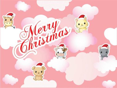 Mutlu Noeller beyaz bulutlu kırmızı bir arka planda yazılır. Arka planda bir kaç hayvan var, bir köpek, bir kedi, bir domuz ve bir inek.