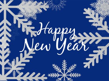 Mavi ve gümüş rengi kar taneleri dizaynı. Beyaz harflerle 