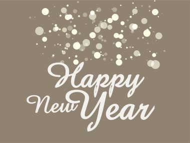 Bir sürü beyaz noktalı mutlu yeni yıl tabelası. Tabela kahverengi arka planda.