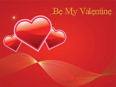 Kırmızı arka planda üç kalp var. Benim VALENTINE 'ım altın harflerle yazılmıştır.