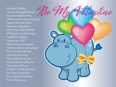 Sırtında balonlar olan mavi fil. Balonlar farklı renklerdedir ve filin kuyruğuna bağlıdır. Resim pembe harflerle 