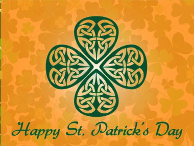 Yeşil ve altın arkaplanlı renkli bir poster ve ortasında dört yapraklı yonca. Posterde mutlu Aziz Patrick günleri yazıyor. Yonca Aziz Patrick Günü Gökkuşağı St Paddy İrlandalı şansı