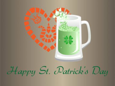 Üzerinde yonca olan bir kupa yeşil sıvı. Kupa kahverengi bir arka planda. Arka plan bir kalp ve bir gölgeyle süslenmiş. Yonca Aziz Patrick Günü Gökkuşağı St Paddy İrlandalı şansı