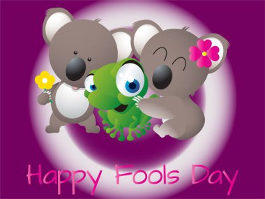 Cartoon of a kangaroo, a frog and a koala hugging each other. The cartoon is titled Happy Fools Day. Playful April Fools Day Humour Happiness Joy Bizarre Event Clip Art clipart