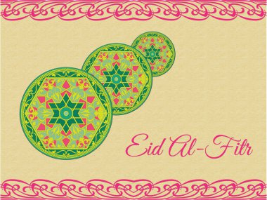 Yeşil ve pembe kenarlı üç dairenin renkli tasarımı. Daireler sıraya dizildi. Ramazan Kareem Dua Etme Kurban Bayramı HariRaya Aidilfitri Süslemesi