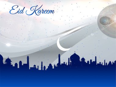 Hilal ay ve şehrin silueti olan mavi ve beyaz bir arka plan. Arka planda şehrin ufuk çizgisi var ve çok güzel. Ramazan Kareem Dua Etme Kurban Bayramı HariRaya Aidilfitri Süslemesi