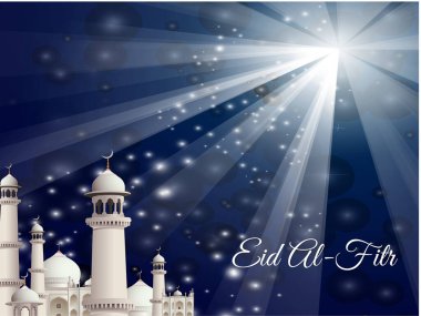 Üzerinde bina ve yıldız olan mavi beyaz bir poster. Posterde Kurban Bayramı yazıyor. Ramazan Kareem Dua Etme Kurban Bayramı HariRaya Aidilfitri Süslemesi