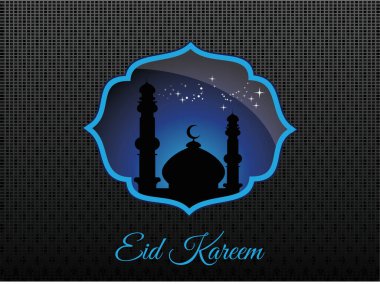 Arka planda yıldızlar ve camii olan mavi ve siyah bir tasarım. Tasarım Kurban Bayramı için tasarlandı. Ramazan Kareem Dua Etme Kurban Bayramı HariRaya Aidilfitri Süslemesi