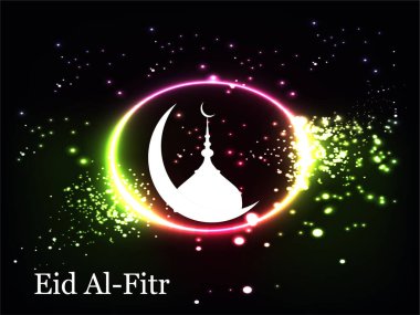 Üzerinde bir yıldız ve ortasında bir bina olan hilal şeklindeki bir ayın renkli görüntüsü. Kurban Bayramı kelimesi resmin altında yazılıdır. Ramazan Kareem Dua Etme Kurban Bayramı HariRaya Aidilfitri Süslemesi