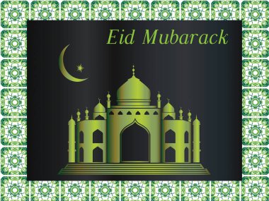 Yeşil çerçeveli yeşil bina ve arka planda yeşil ay. Bina bir cami ve çerçeve de bir şablon. Ramazan Kareem Dua Etme Kurban Bayramı HariRaya Aidilfitri Süslemesi