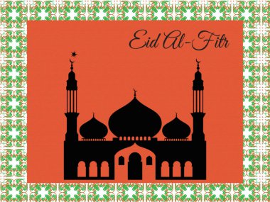 Bir caminin siyah-beyaz çizimi altında bayram yazılıydı. Ramazan Kareem Dua Etme Kurban Bayramı HariRaya Aidilfitri Süslemesi