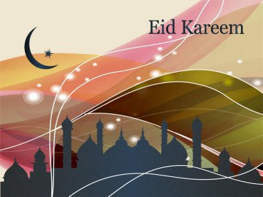 Bir cami silueti ve hilal şeklinde bir ay ile renkli bir arkaplan. Arka plan girdaplarla dolu. Ramazan Kareem Dua Etme Kurban Bayramı HariRaya Aidilfitri Süslemesi