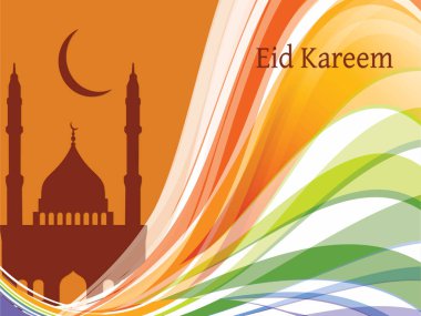 Bir cami ve hilal şeklinde bir uydusu olan renkli bir geçmişi var. Arka plan ortasında cami olan bir gökkuşağı. Ramazan Kareem Dua Etme Kurban Bayramı HariRaya Aidilfitri Süslemesi