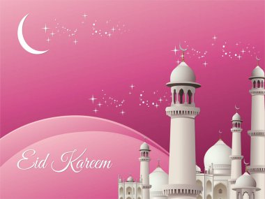 Camiye benzeyen beyaz bir binayla güzel pembe bir arka plan. Bina hilal şeklinde bir ay ile süslenmiş. Ramazan Kareem Dua Etme Kurban Bayramı HariRaya Aidilfitri Süslemesi