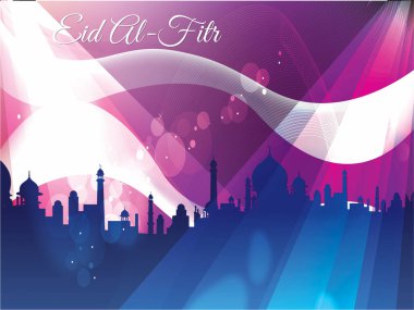 Şehir silueti olan renkli bir poster ve bayram tabiri beyazla yazılmış. Posterin neşeli ve canlı bir havası var. Ramazan Kareem Dua Etme Kurban Bayramı HariRaya Aidilfitri Süslemesi