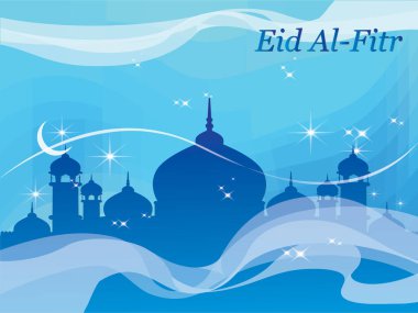 Arka planda şehir manzarası olan mavi gökyüzü ve bayram tatili beyaz harflerle yazılmış. Ramazan Kareem Dua Etme Kurban Bayramı HariRaya Aidilfitri Süslemesi