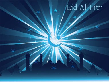 Hilal ay ve yıldızlı mavi beyaz bir poster. Posterin adı Ramazan Bayramı. Ramazan Kareem Dua Etme Kurban Bayramı HariRaya Aidilfitri Süslemesi