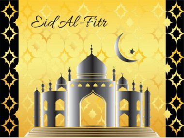 Hilal şeklinde bir binanın posteri ve bayram tabiri. Posterin altın ve siyah renk düzeni var. Ramazan Kareem Dua Etme Kurban Bayramı HariRaya Aidilfitri Süslemesi