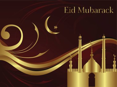 Hilal ay ve yıldızlı altın ve kahverengi arka plan. Bayram Mübareği kelimesi altınla yazılır. Ramazan Kareem Dua Etme Kurban Bayramı HariRaya Aidilfitri Süslemesi