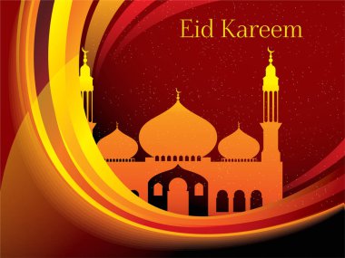 Üzerinde kubbe ve yıldız olan renkli bir binanın posteri. Afişte Ramazan Bayramı yazıyor. Ramazan Kareem Dua Etme Kurban Bayramı HariRaya Aidilfitri Süslemesi