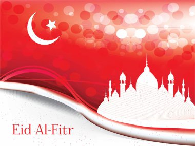 Kırmızı arka plan, beyaz yıldız ve hilal şeklinde bir ay. Kırmızı çatılı beyaz bir bina. Ramazan Bayramı kelimesi beyazla yazılır. Ramazan Kareem Dua Etme Kurban Bayramı HariRaya Aidilfitri Süslemesi