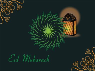 Bayram mübareği kartta yazılı. Kartta bir fener ve yeşil bir daire var. Ramazan Kareem Dua Etme Kurban Bayramı HariRaya Aidilfitri Süslemesi