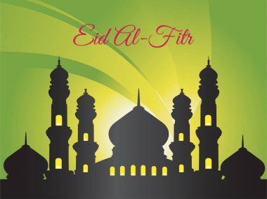 Yeşil arka planda büyük kubbeli bir bina silueti ve bayram tabelası var. Ramazan Kareem Dua Etme Kurban Bayramı HariRaya Aidilfitri Süslemesi