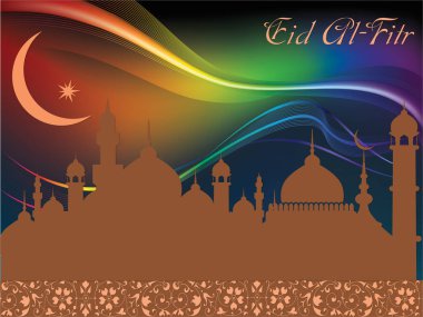 Hilal ay ve gökkuşağı ile renkli bir arka plan. Arka plan, Kurban Bayramı 'nın bir temsili. Ramazan Kareem Dua Etme Kurban Bayramı HariRaya Aidilfitri Süslemesi