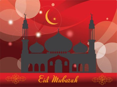 Kırmızı arka plan, siyah beyaz cami çizimi ve hilal şeklinde bir ay. Bayram Mübareği kelimesi çizimin altında yazılı. Ramazan Kareem Dua Etme Kurban Bayramı HariRaya Aidilfitri Süslemesi