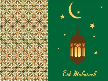 Yeşil arka plan, üzerinde bir fener asılı ve bayram mübaşiri yazıyor. Ramazan Kareem Dua Etme Kurban Bayramı HariRaya Aidilfitri Süslemesi