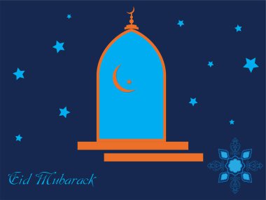 Üzerinde mavi kubbe ve hilal olan mavi ve turuncu bir bina. Bina yıldızlarla çevrilidir. Ramazan Kareem Dua Etme Kurban Bayramı HariRaya Aidilfitri Süslemesi