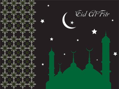 Arka planda hilal ve yıldızlar olan bir caminin posteri. Posterin adı Ramazan Bayramı. Ramazan Kareem Dua Etme Kurban Bayramı HariRaya Aidilfitri Süslemesi