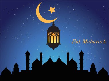 Hilal ay ve yıldızlı mavi gökyüzü. Ay ışıldıyor ve yıldız ışıl ışıl parlıyor. Ramazan Kareem Dua Etme Kurban Bayramı HariRaya Aidilfitri Süslemesi