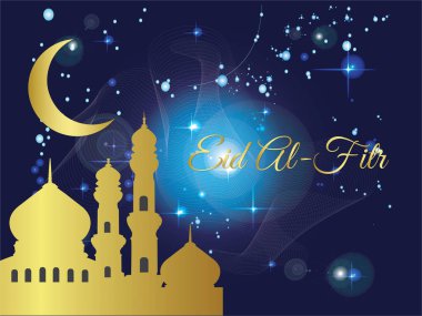 Altın ay ve yıldızlı güzel mavi gökyüzü ve altın harflerle Ramazan Bayramı. Kutlama ve sevinç kavramı. Ramazan Kareem Dua Etme Kurban Bayramı HariRaya Aidilfitri Süslemesi