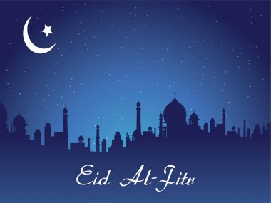Hilal ay ve yıldızlı mavi gökyüzü. Gökyüzü binalarla ve bayram tabelasıyla dolu. Ramazan Kareem Dua Etme Kurban Bayramı HariRaya Aidilfitri Süslemesi