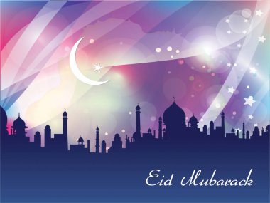 Hilal ay ve yıldızlarla dolu renkli bir arka plan. Arka plan, gece gökyüzünün güzel ve renkli bir temsili. Ramazan Kareem Dua Etme Kurban Bayramı HariRaya Aidilfitri Süslemesi